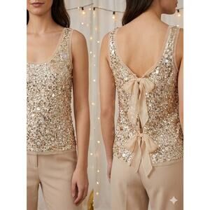 Gold Hawk Silk Sequin Tank Top Small Champagne Tie Back Bows Coquette Party Y2K